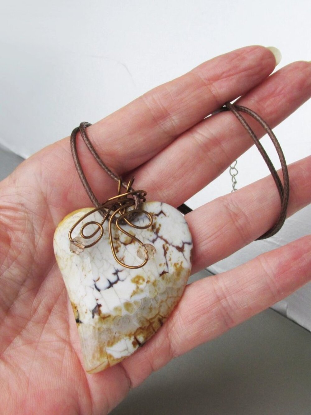 Vintage LEOPARD JASPER Copper Wrapped Heart Pendant Leather Cord Necklace